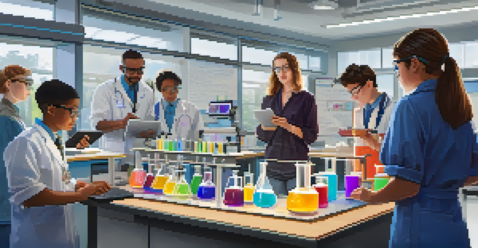 A teacher and students in a science lab, observing a virtual chemical reaction on a tablet using augmented reality.