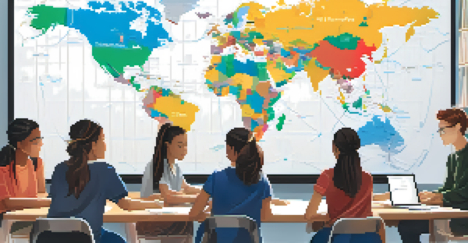 Students from various countries engaging in an online class, with a world map in the background.