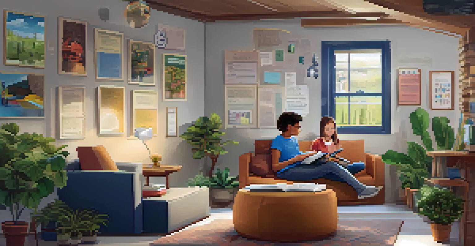 A cozy learning corner with students using different materials like tablets and books, surrounded by plants and colorful wall art, creating an inviting atmosphere for exploration.