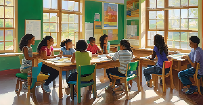 A diverse group of students collaborating in a bright classroom, engaged in discussions and sharing ideas.