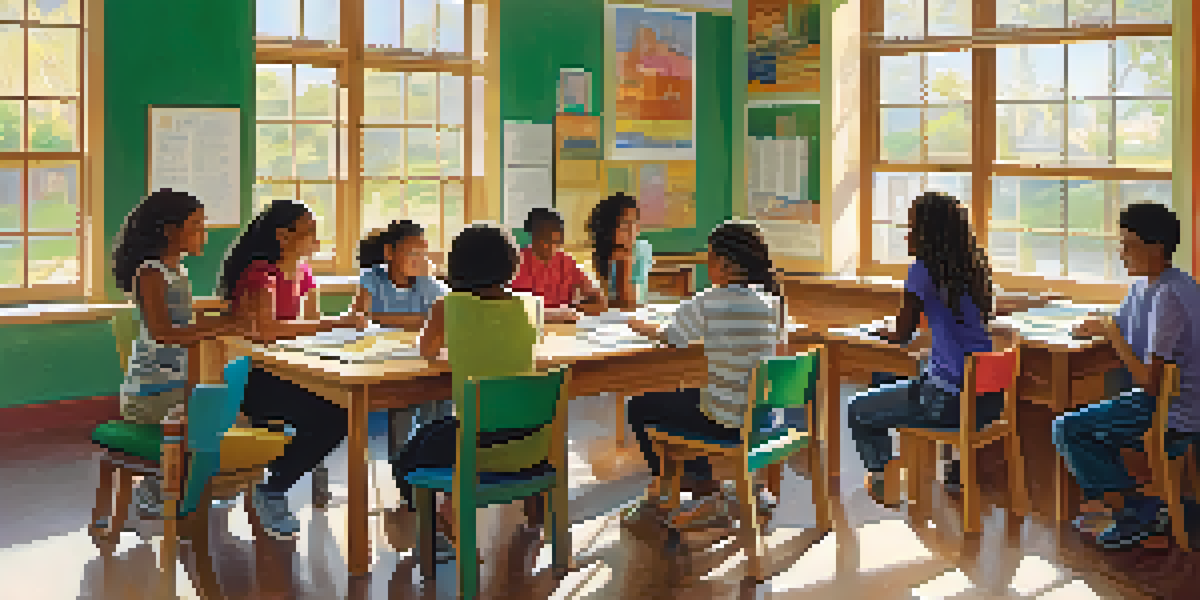 A diverse group of students collaborating in a bright classroom, engaged in discussions and sharing ideas.