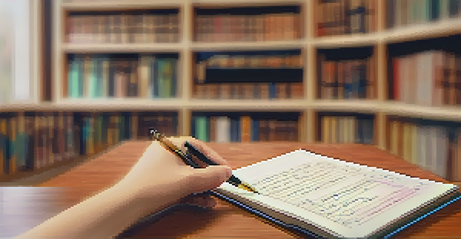 A close-up of a hand writing notes on a notepad, with a cozy study room in the blurred background filled with books.