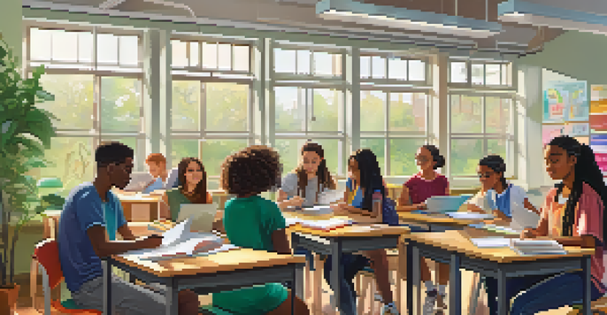 A diverse group of students actively collaborating in a brightly lit classroom with books, laptops, and art supplies.