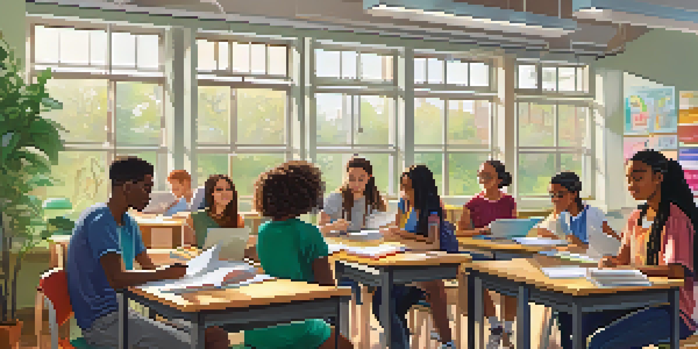 A diverse group of students actively collaborating in a brightly lit classroom with books, laptops, and art supplies.