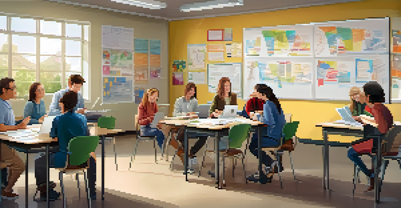 Teachers from various subjects collaborating around a table in a bright classroom filled with educational materials.