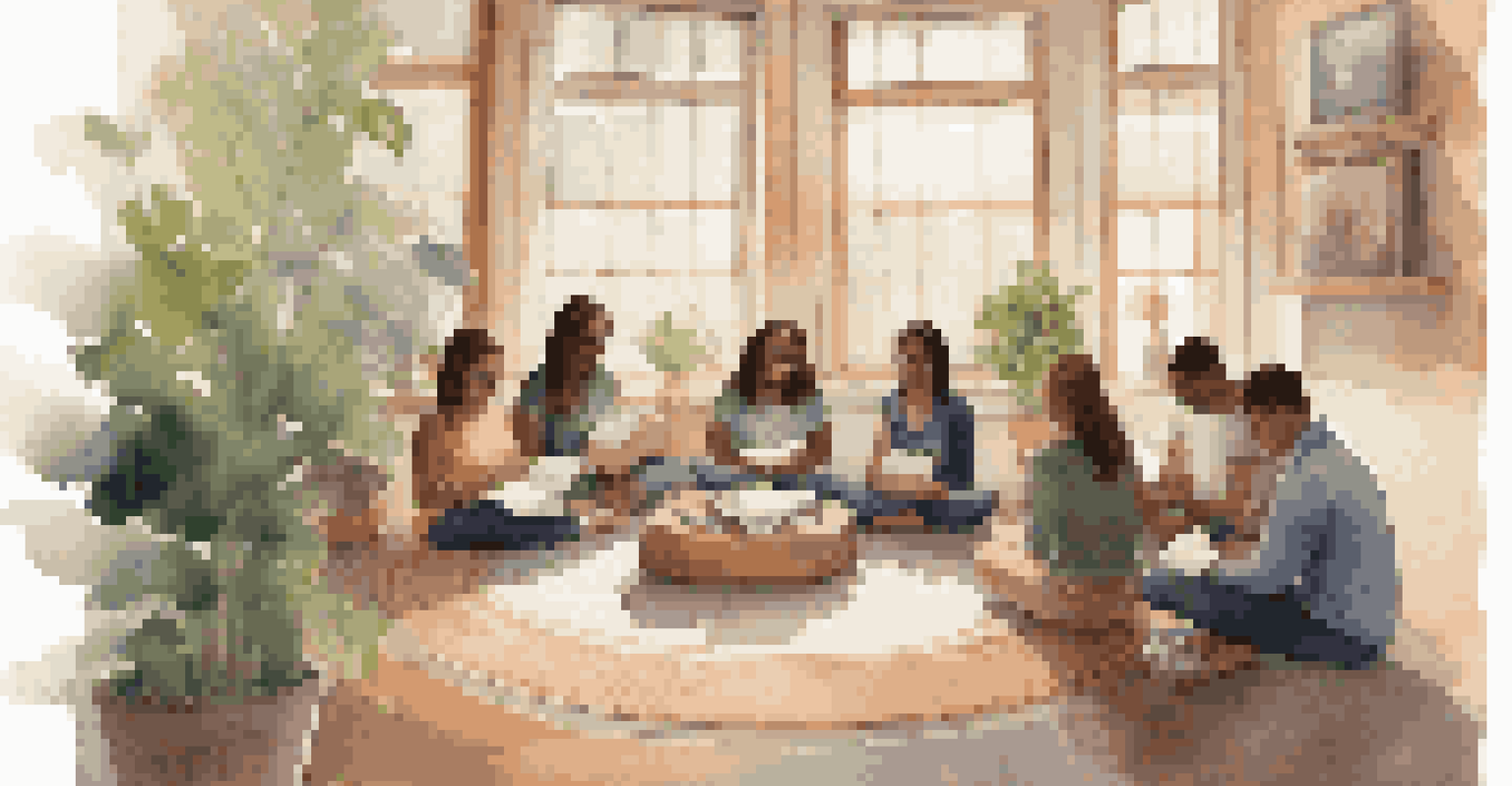 Students participating in a reflective discussion in a cozy setting, holding journals and sharing experiences.
