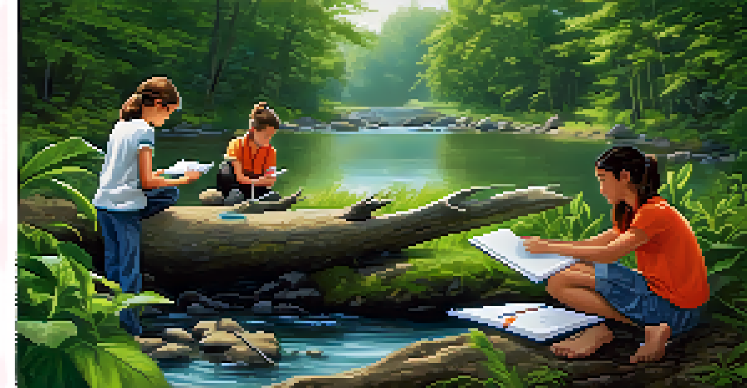 Students conducting a science experiment outdoors, measuring water quality in a river, surrounded by greenery.