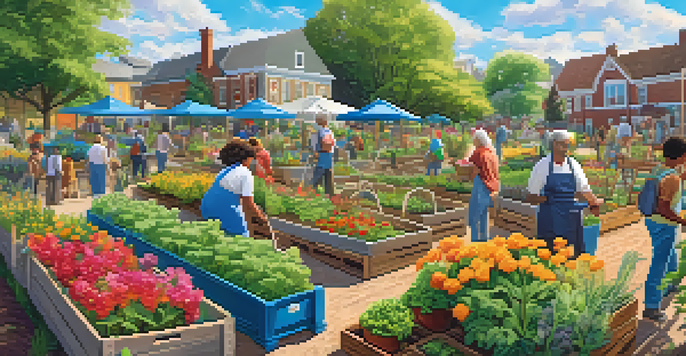 A community garden with diverse individuals working together, planting vegetables and flowers under a sunny sky.