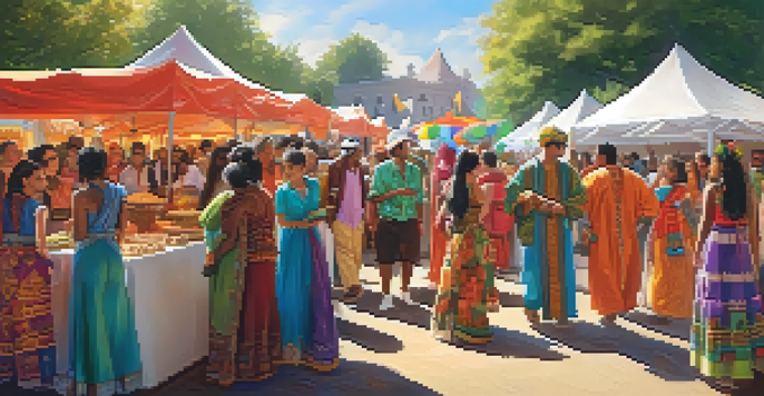 A lively multicultural festival featuring diverse booths with cultural displays and a crowd of people in traditional attire enjoying the event.