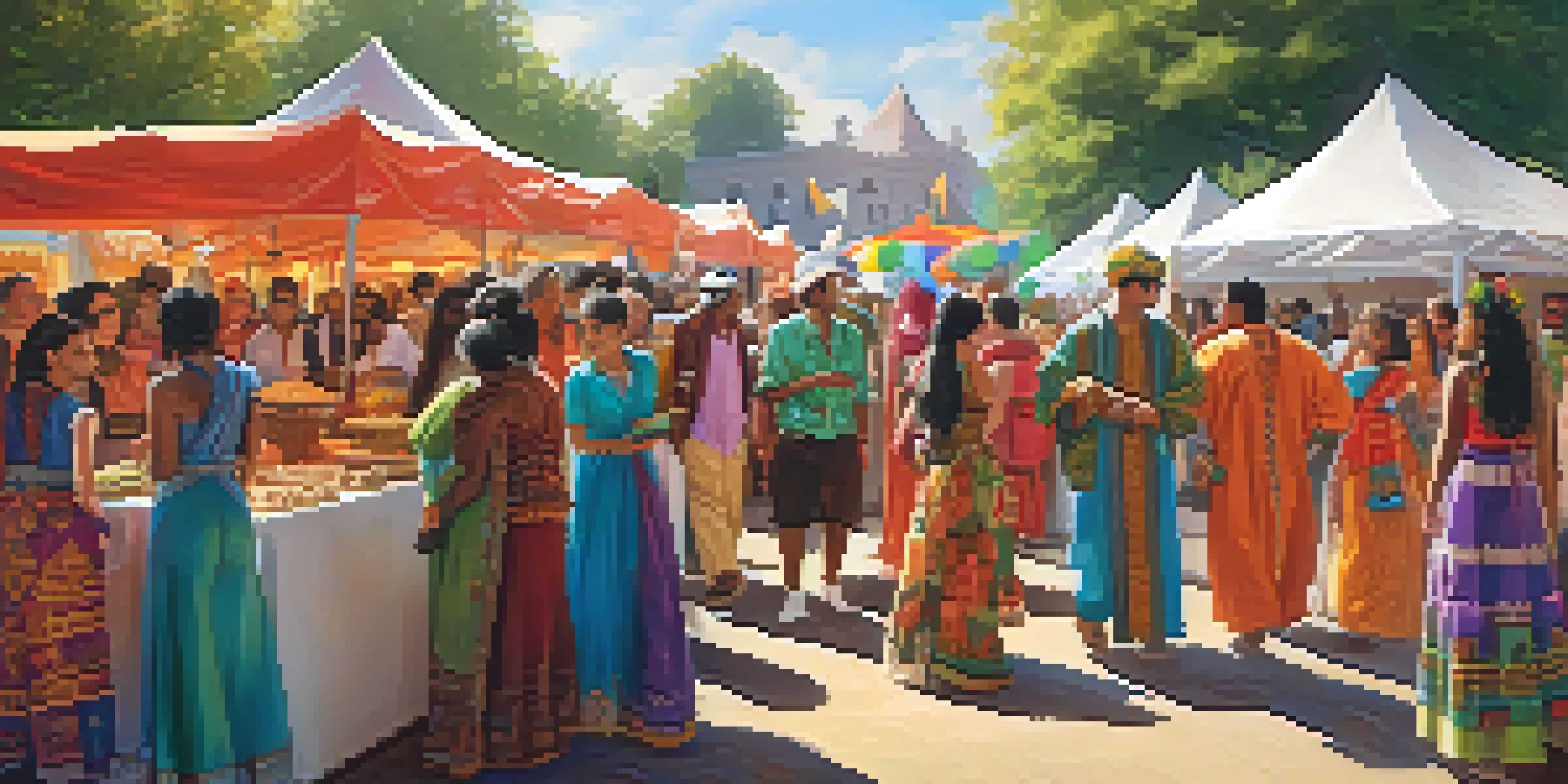 A lively multicultural festival featuring diverse booths with cultural displays and a crowd of people in traditional attire enjoying the event.