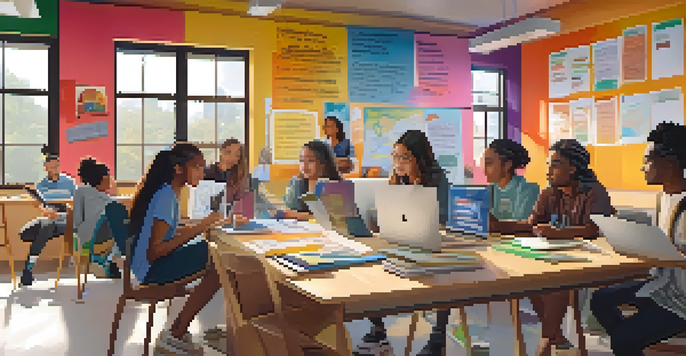 A vibrant virtual classroom with diverse students collaborating on a group project, bright colors and educational posters visible.