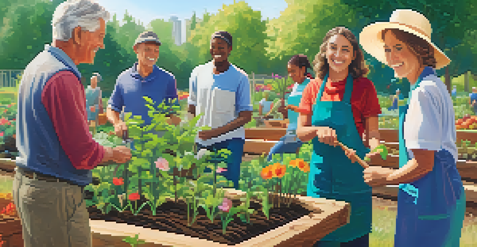 A lively community garden where people of all ages are planting trees together, surrounded by vibrant flowers and vegetables under warm sunlight.
