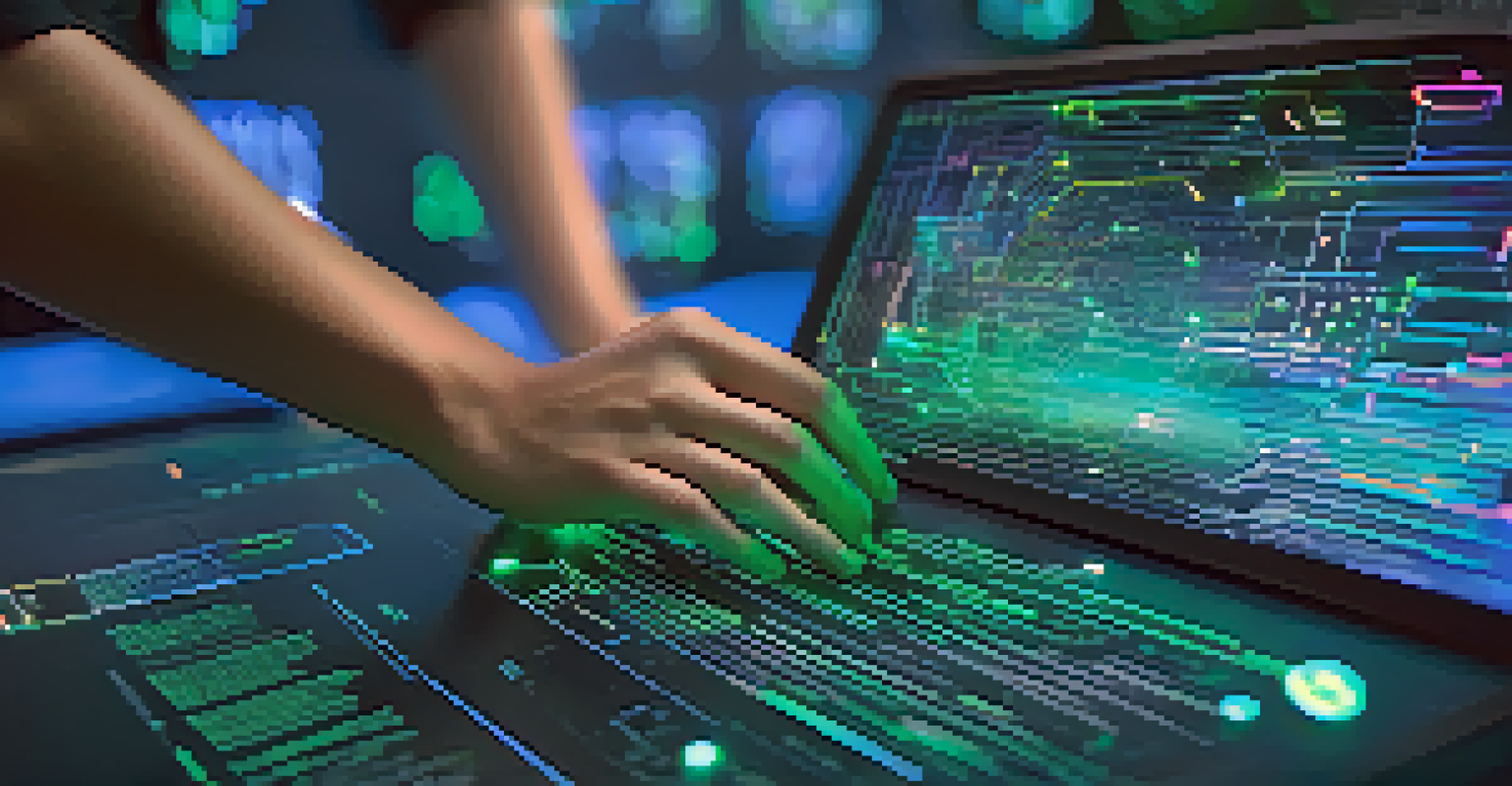 A close-up view of a student interacting with a holographic coding interface, showcasing vibrant code visualizations in a futuristic setting.