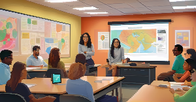 A virtual classroom with a diverse group of students participating in a video conference, with an animated instructor explaining concepts.