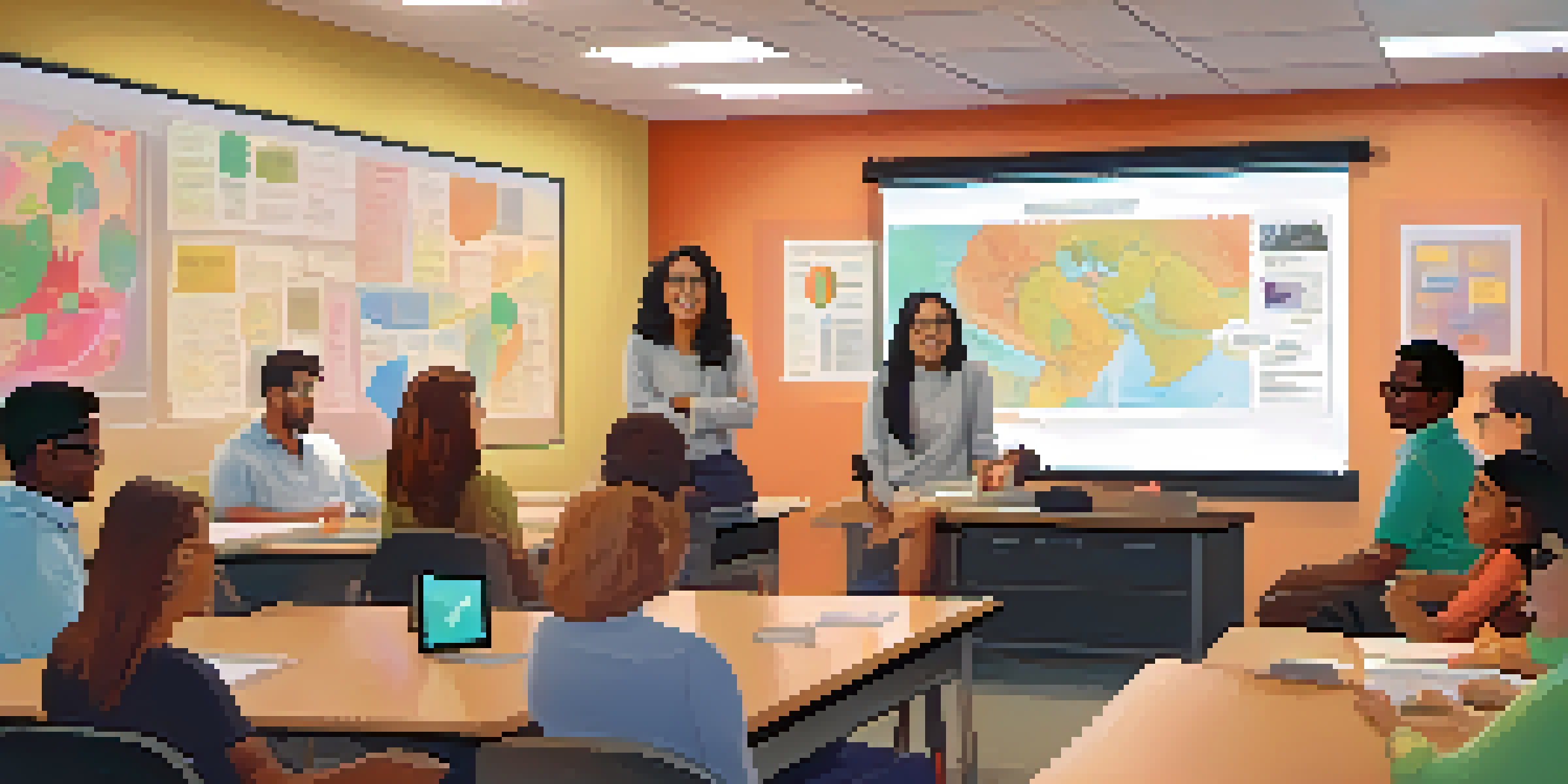 A virtual classroom with a diverse group of students participating in a video conference, with an animated instructor explaining concepts.