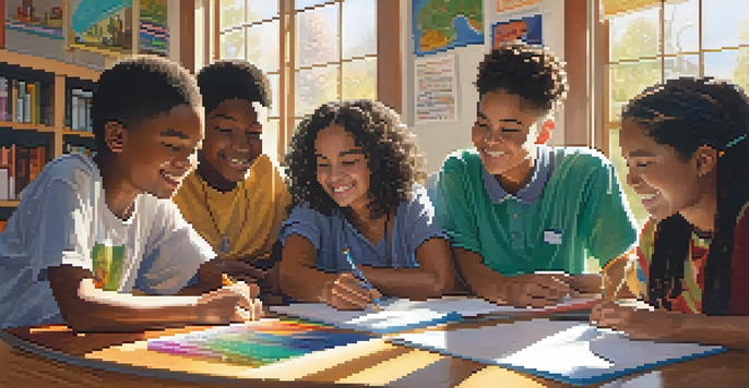 A vibrant classroom with diverse students working together on a project, surrounded by colorful cultural posters.