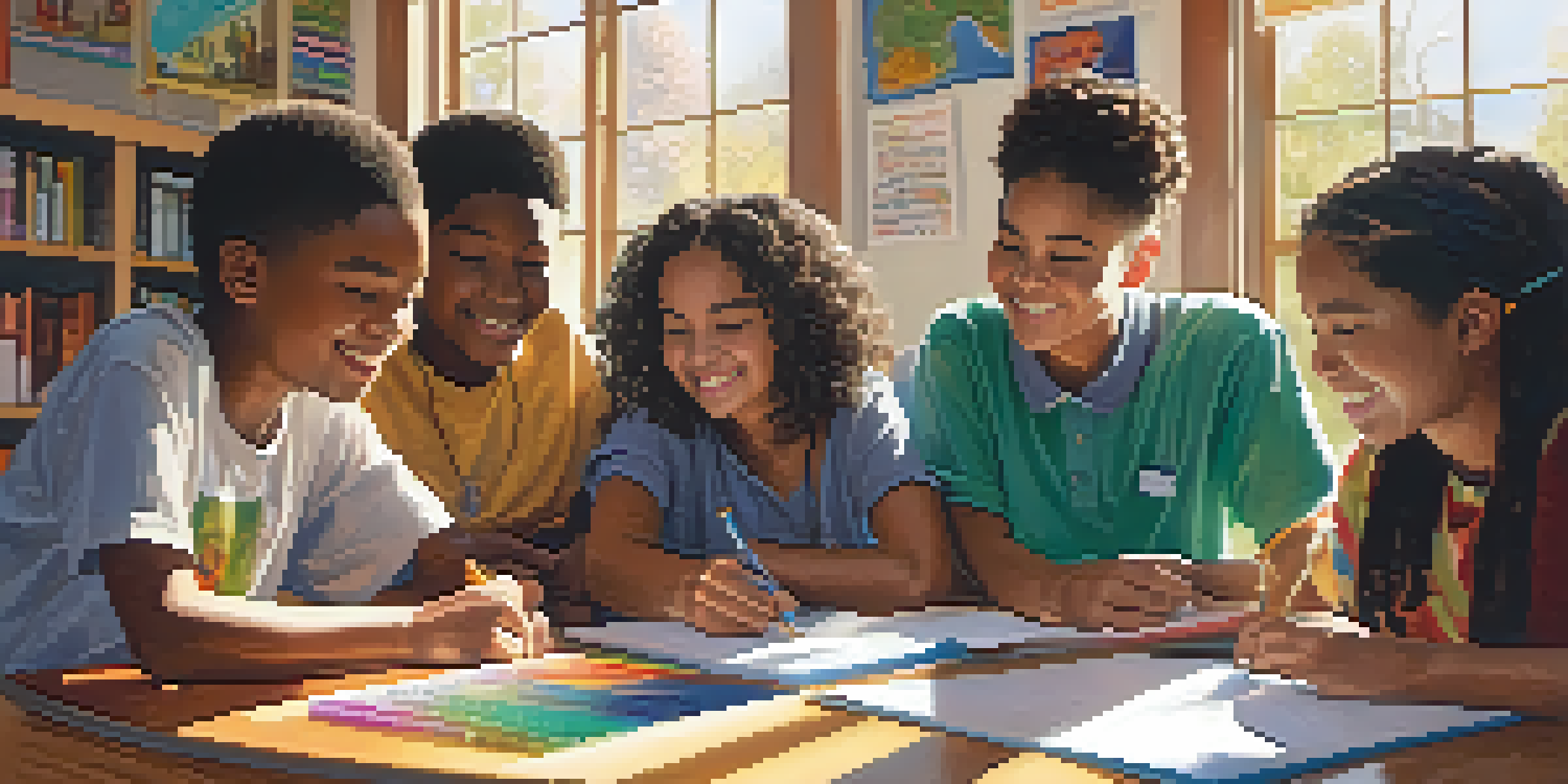 A vibrant classroom with diverse students working together on a project, surrounded by colorful cultural posters.