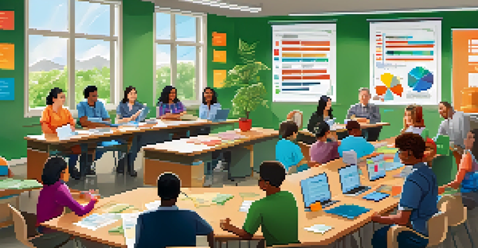 A diverse group of educators collaborating in a bright classroom, analyzing data on a screen with charts and graphs.