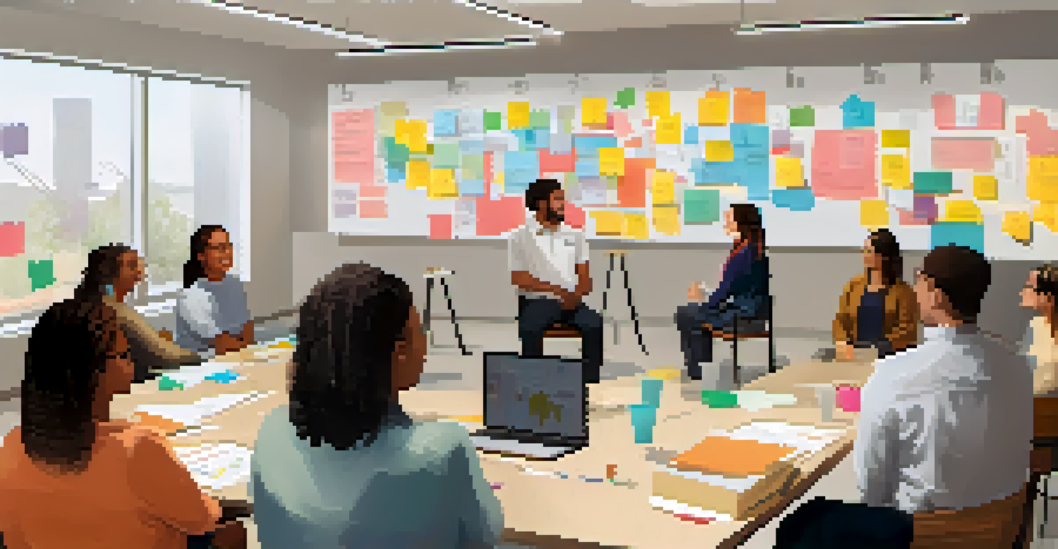 A workshop scene with participants sitting in a circle, engaging in a peer learning session led by a facilitator, surrounded by charts and notes.