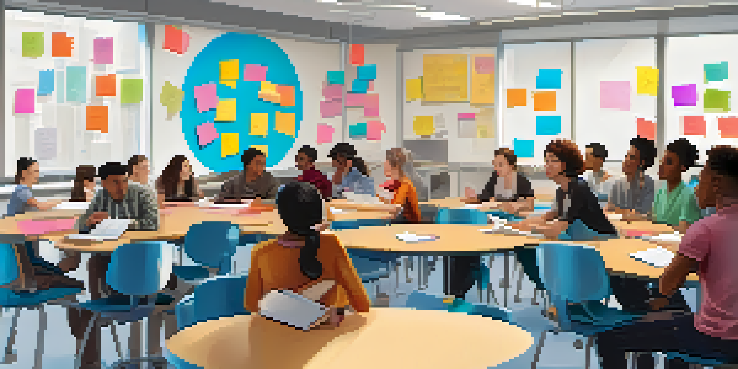 A diverse group of students in a classroom engaged in peer learning, surrounded by laptops and colorful notes.