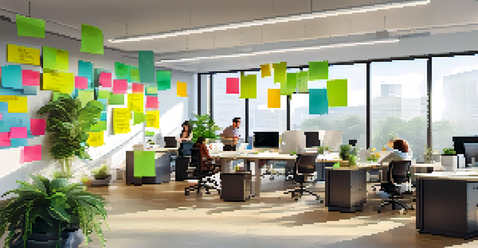 A modern office space with teams collaborating at a circular table, featuring large windows and a plant wall.