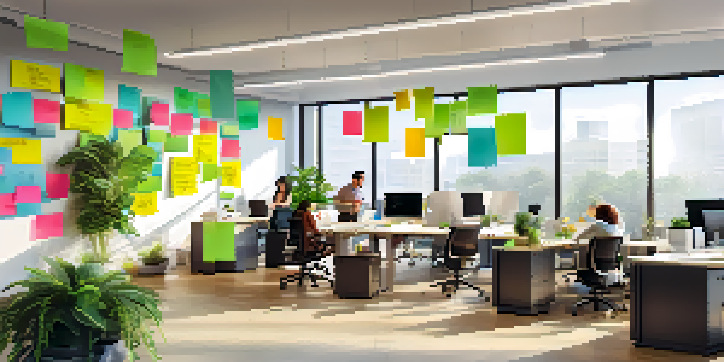 A modern office space with teams collaborating at a circular table, featuring large windows and a plant wall.