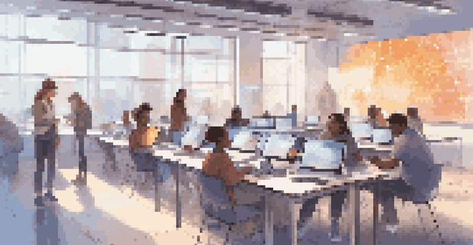 A diverse group of students working together in a modern classroom with digital devices and screens showing blockchain concepts.