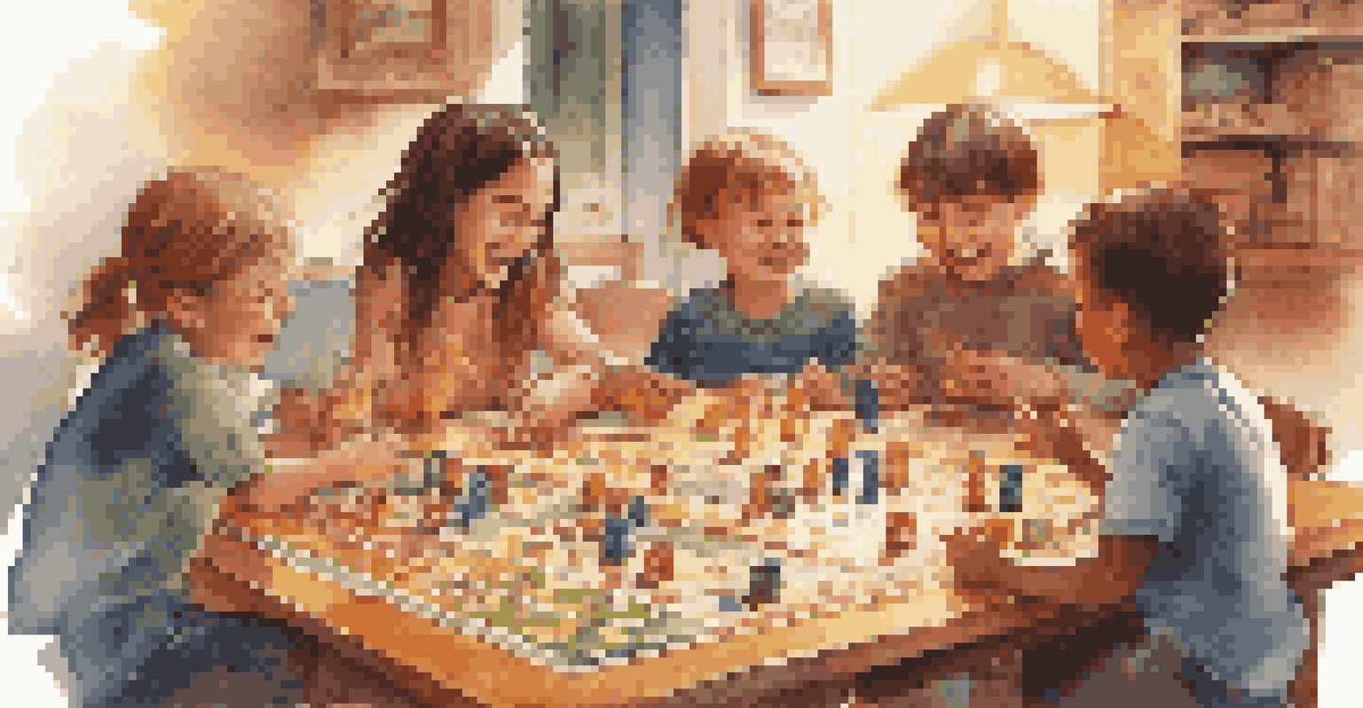 A group of children joyfully playing a colorful board game at a table, surrounded by snacks and drinks, highlighting their engagement and social interaction.