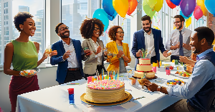 A diverse group of employees celebrating in a modern office, with decorations and a cake, showcasing a joyful atmosphere.