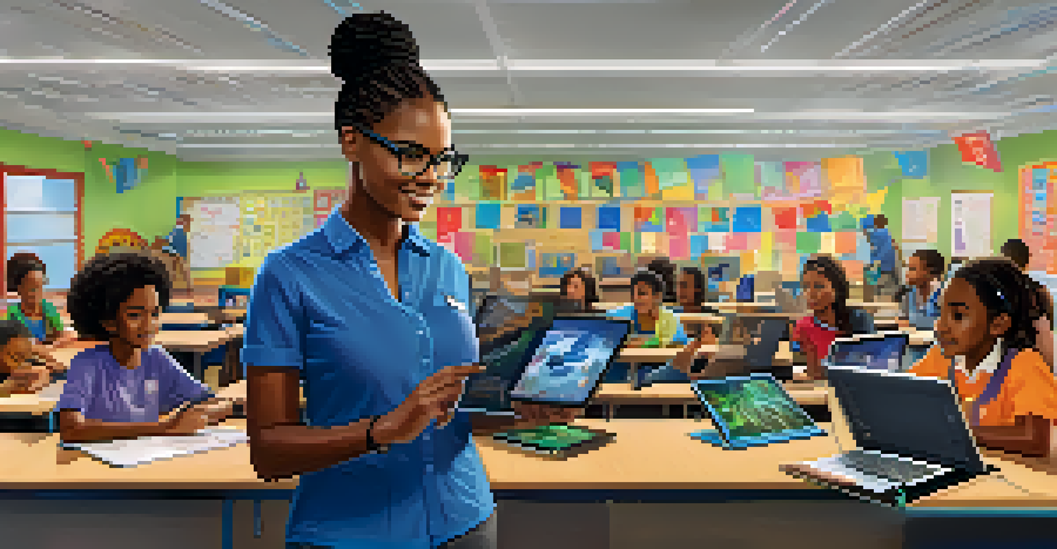 A teacher leading a flipped classroom, with students using technology for collaborative learning.