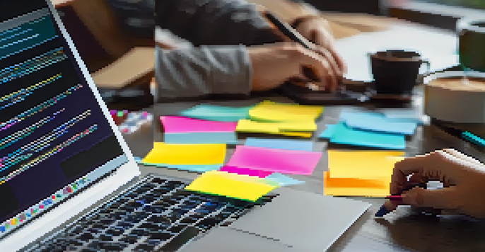 Close-up of a student's hands typing on a laptop with a feedback form on the screen, surrounded by sticky notes.