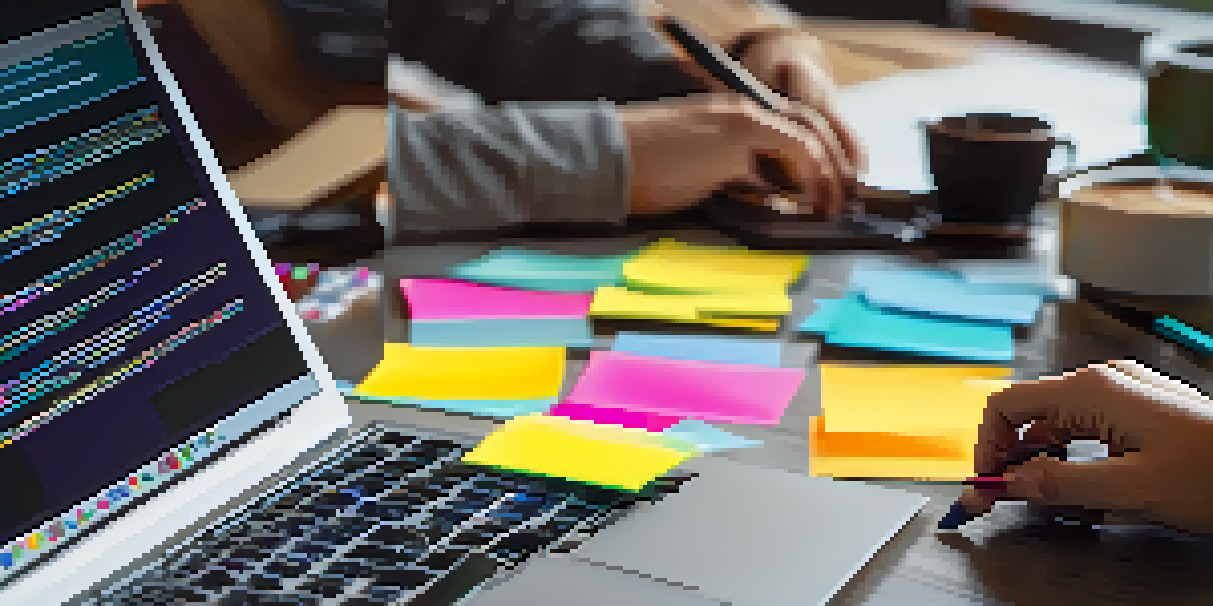 Close-up of a student's hands typing on a laptop with a feedback form on the screen, surrounded by sticky notes.