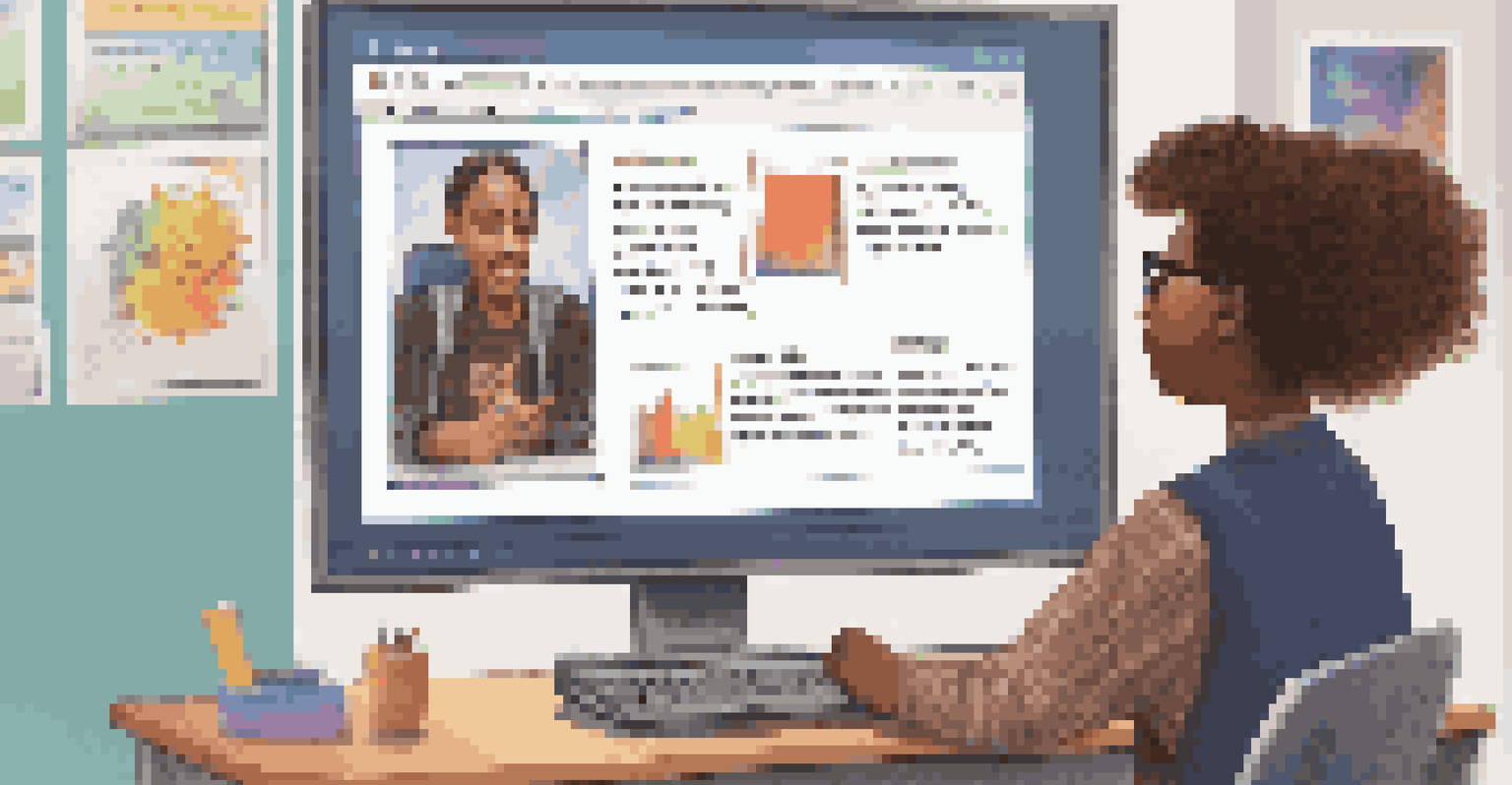 An educator giving feedback on a digital portfolio to a student in a colorful classroom with a chalkboard.
