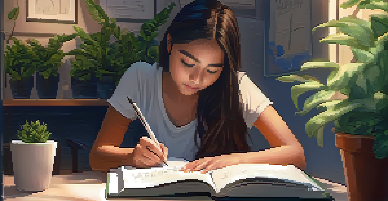 A student writing in a journal in a cozy classroom corner, with soft lighting and greenery, focusing on their emotions.