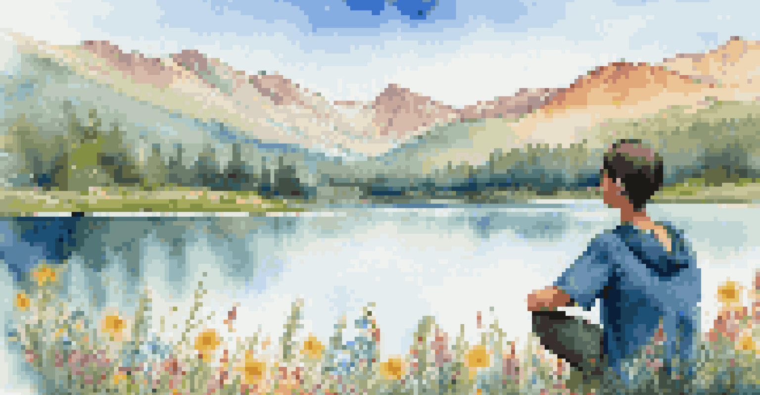 A student sitting by a tranquil lake surrounded by wildflowers, reflecting on their thoughts with mountains in the background.