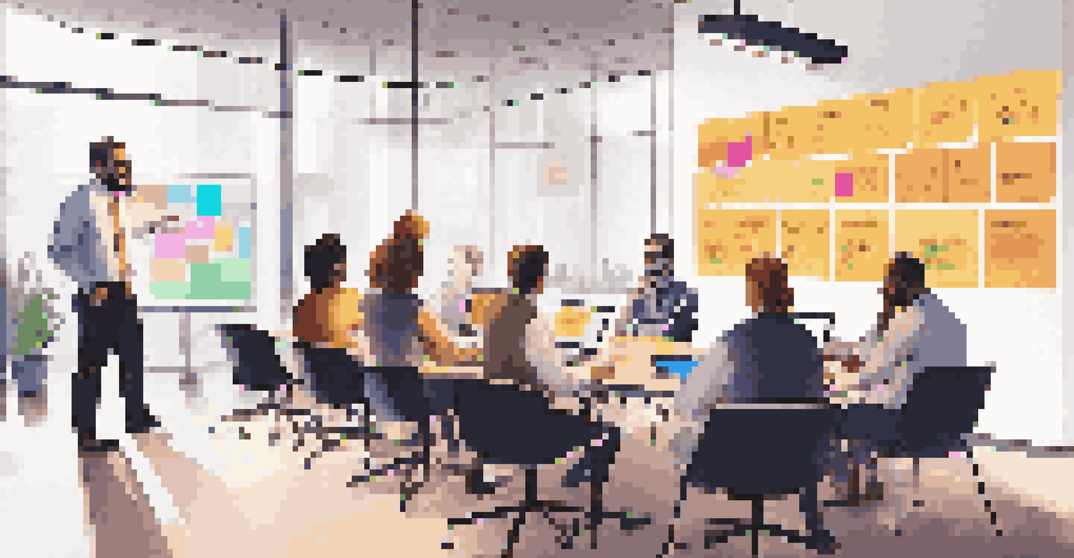 A group of educators and EdTech professionals brainstorming in a conference room, with a screen displaying data analytics and colorful notes, in a warm-lit environment.