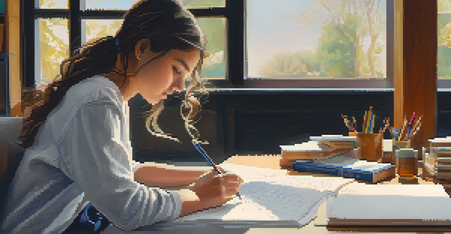 A student writing in a journal, surrounded by project materials, reflecting on their learning experience.