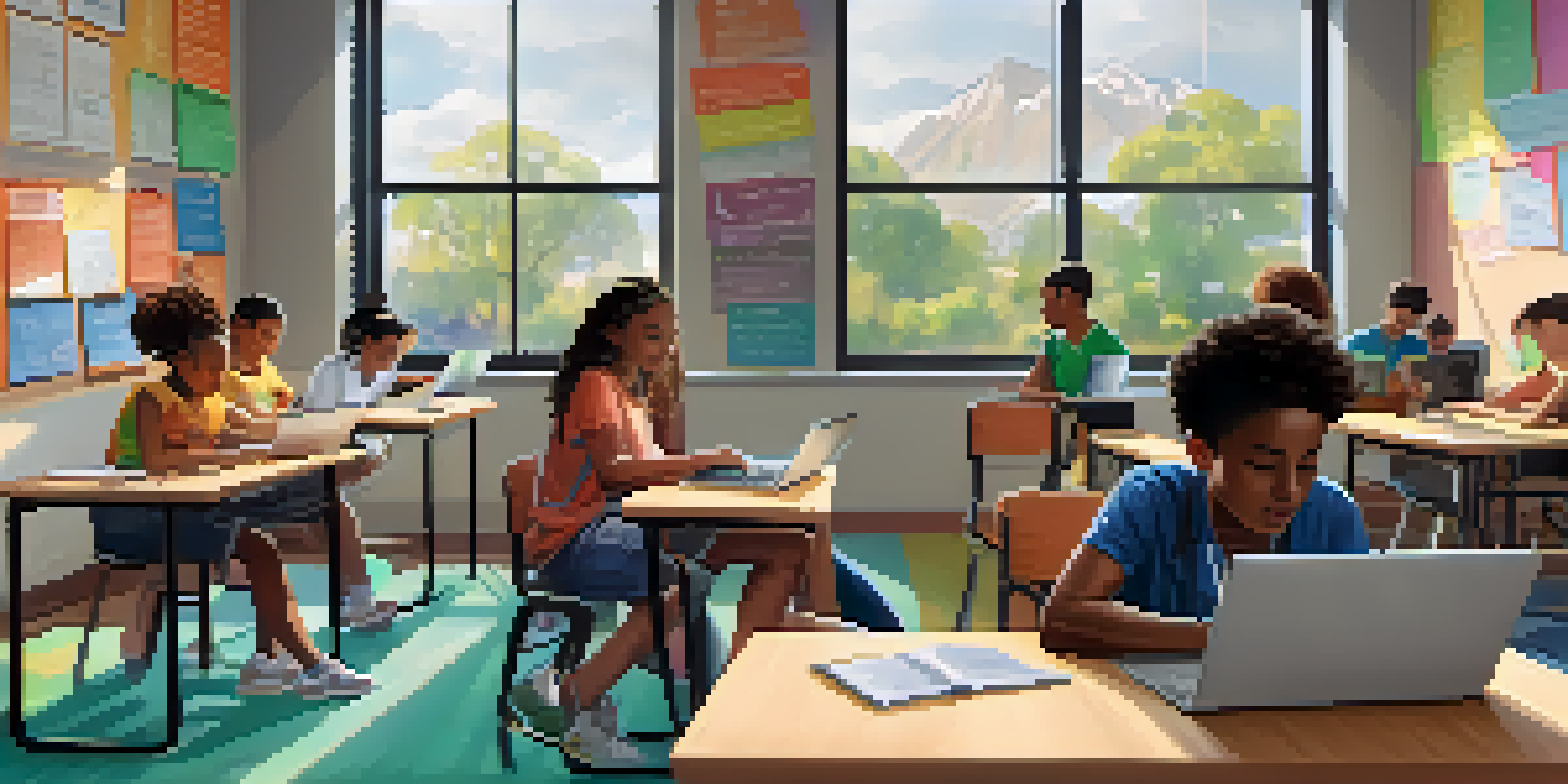 A diverse group of students working together on a digital project in a bright classroom.