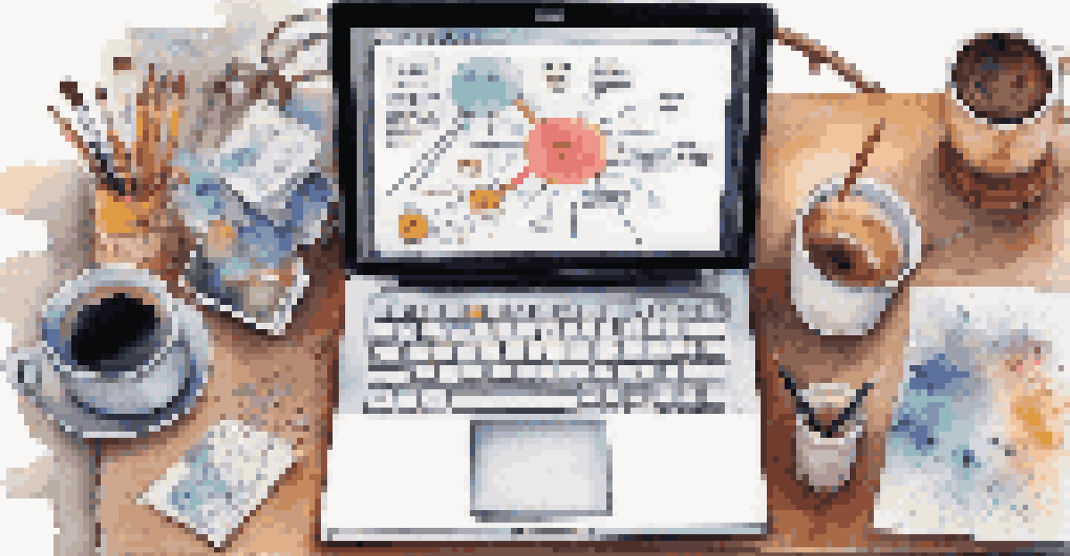 An overhead view of a laptop displaying a colorful mind map, surrounded by art supplies and a coffee cup in a creative workspace.