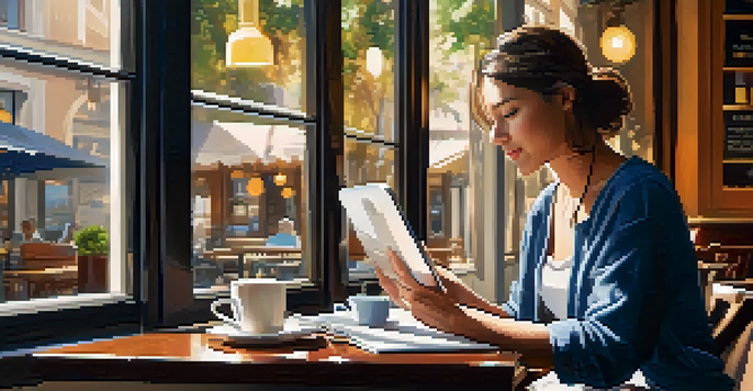 A person studying at a cafe with a tablet and a coffee cup on the table, surrounded by books and sunlight streaming in.