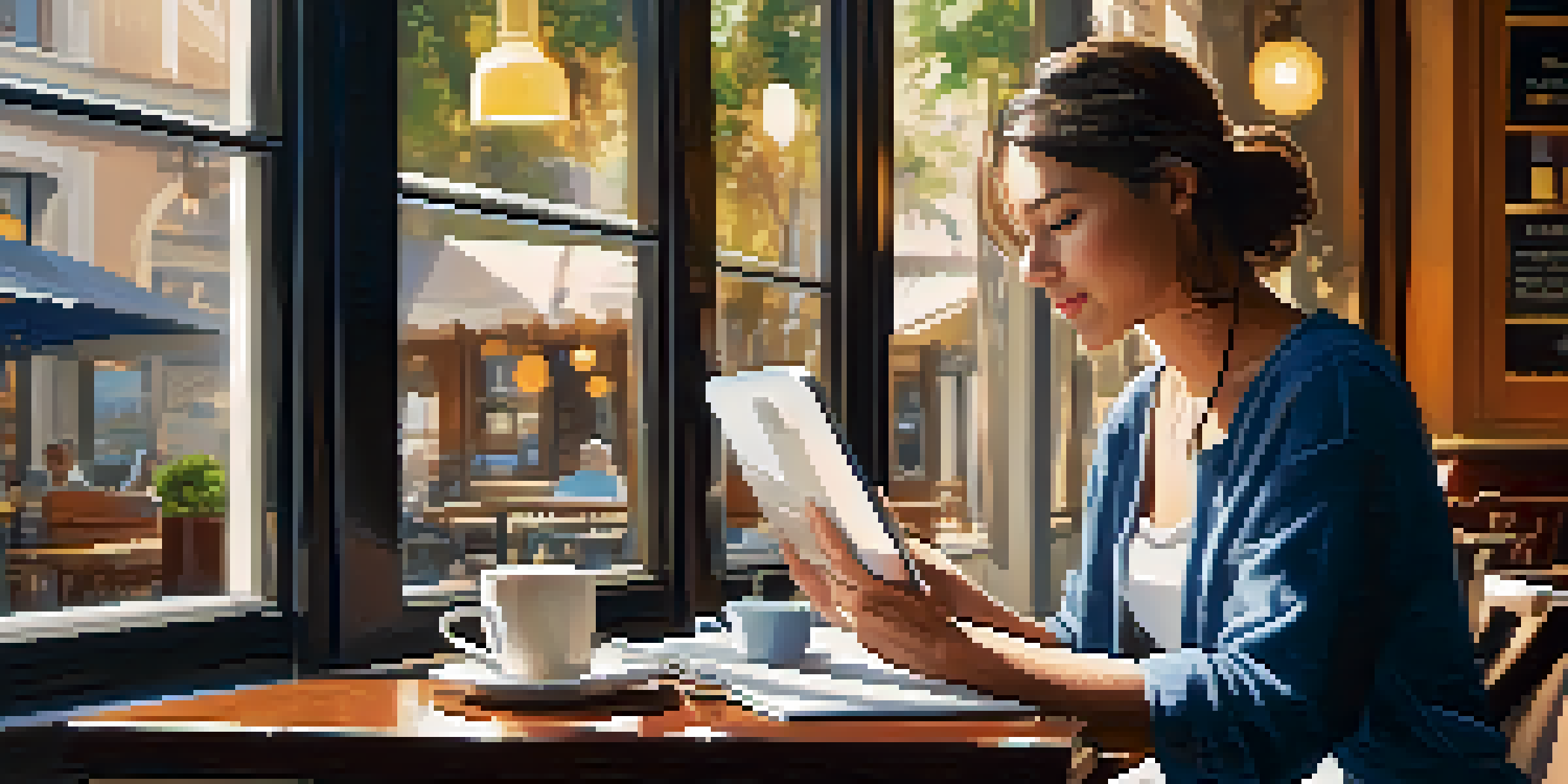 A person studying at a cafe with a tablet and a coffee cup on the table, surrounded by books and sunlight streaming in.