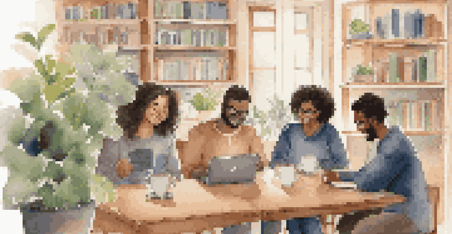 A group of learners in a virtual coffee chat, each with a warm beverage, surrounded by cozy backgrounds, sharing smiles and laughter.