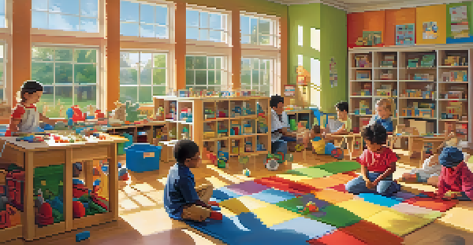 A lively classroom with children playing and exploring, showcasing imaginative and constructive play.