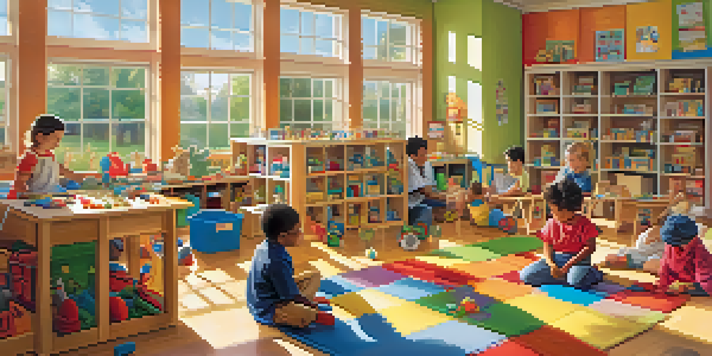 A lively classroom with children playing and exploring, showcasing imaginative and constructive play.