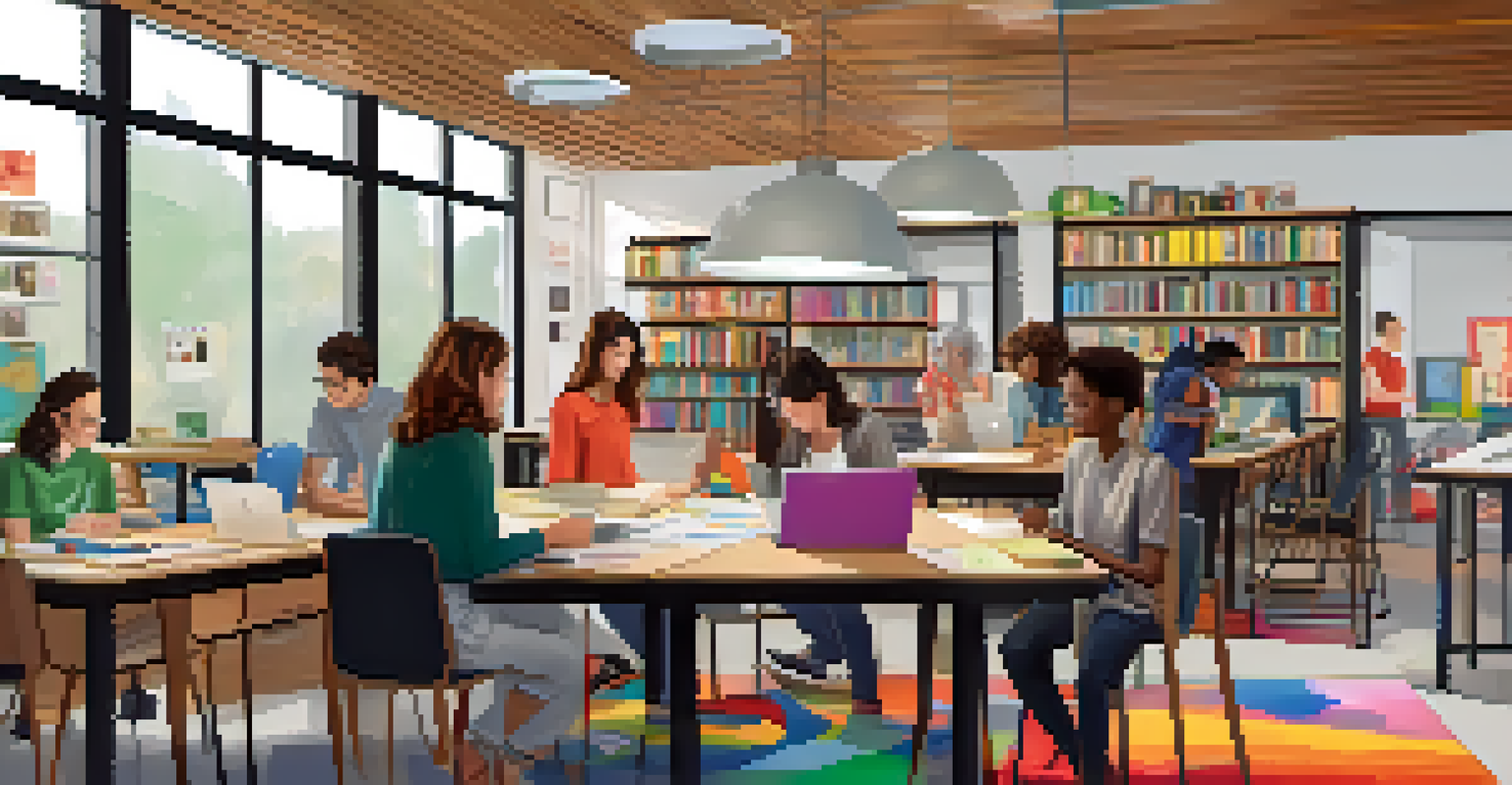 A diverse group of students collaborating on a project with art supplies and digital devices in a modern learning environment.