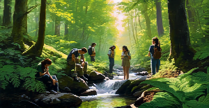 A vibrant forest scene with sunlight filtering through trees, where diverse students are engaged in an outdoor environmental science project by a stream.