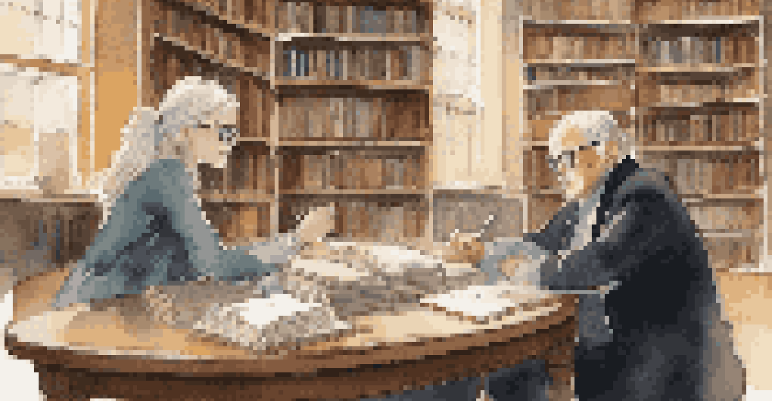 A mentor and student having a discussion at a table in a library, surrounded by books. The setting is warm and focused.