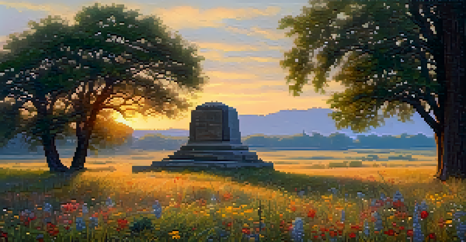 A historical landmark with wildflowers in the foreground and a sunset casting a warm glow over the scene.