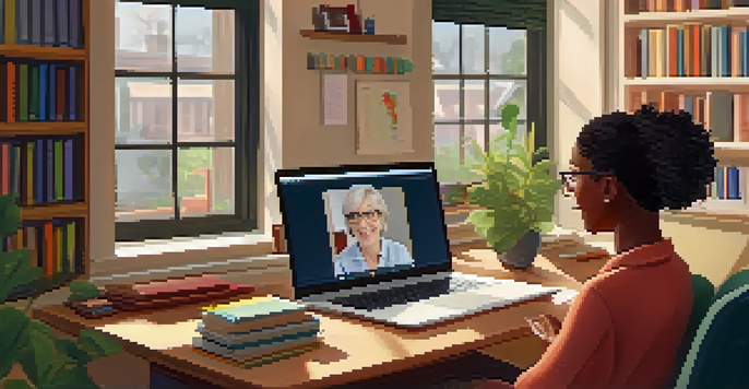A teacher in a home office, conducting a remote learning session with a laptop, surrounded by books and natural light.