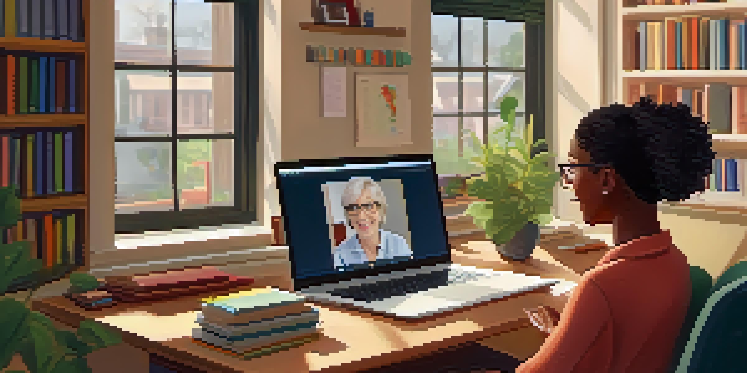 A teacher in a home office, conducting a remote learning session with a laptop, surrounded by books and natural light.
